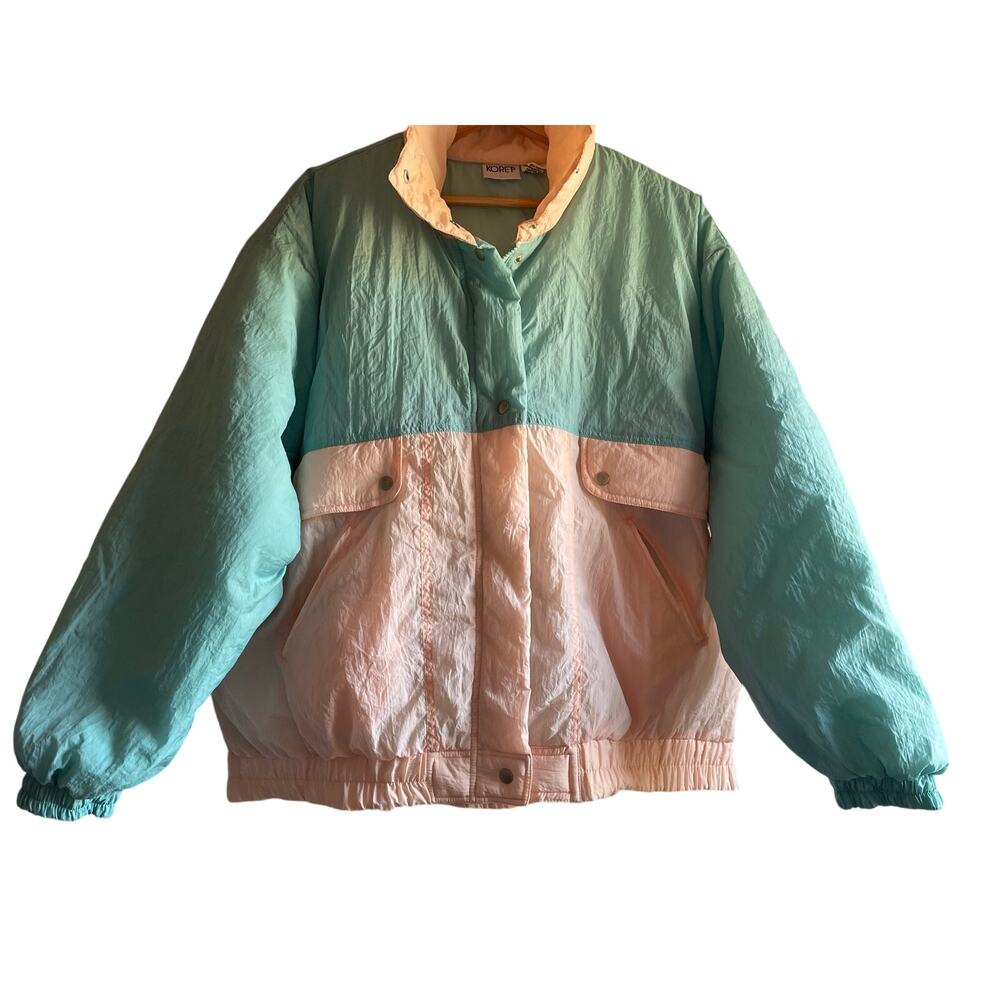 Vintage Women’s Insulated Jacket Pastel Aqua + Pink LARGE Retro 80’s 90’s